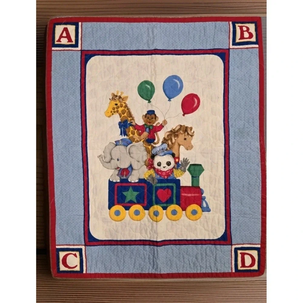 Baby Crib Quilt ABC Animal Train Blue Red Vintage Nursery Blanket 40x31